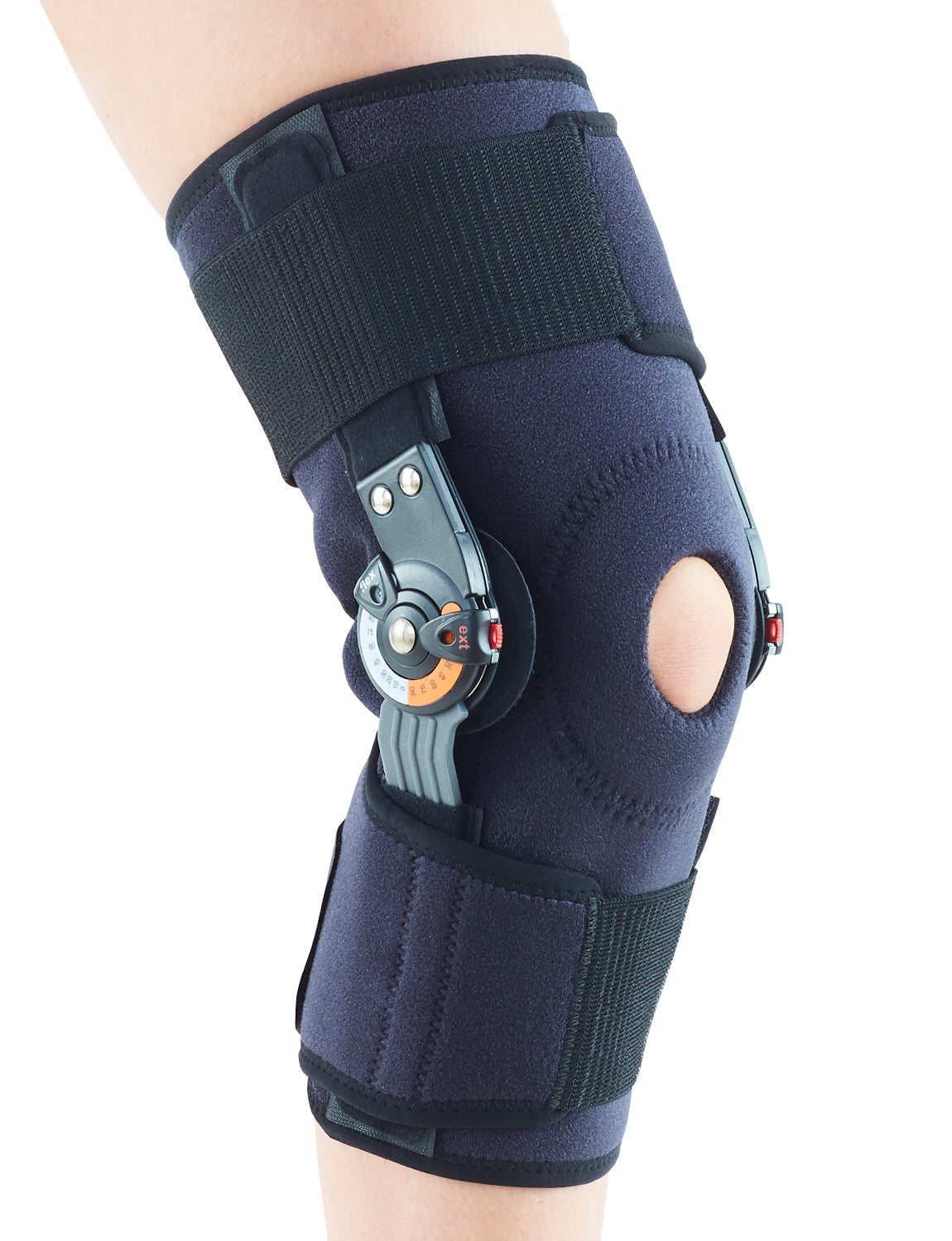 Pin on hinged knee brace