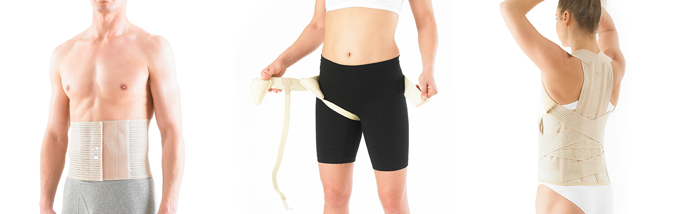 Neo G' Range of Medical Support Products including two hernia supports and a posture support