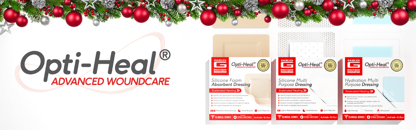 The Opti-Heal Advanced Woundcare logo, a selection of Opti-Heal dressings and a green Christmas garland with silver and red ornaments.