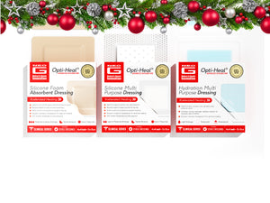 The Opti-Heal Advanced Woundcare logo, a selection of Opti-Heal dressings and a green Christmas garland with silver and red ornaments.