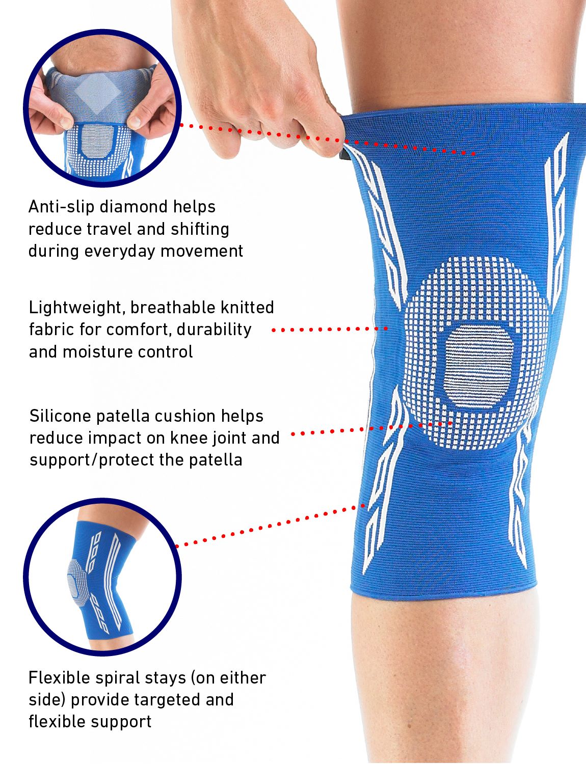 Front of knee with Neo G Airflow Plus Stabilized Knee Support with Silicone Patella Cushion on, highlighting anti-slip diamond, lightweight fabric, silicone pattela cushion, and flexible spiral stays