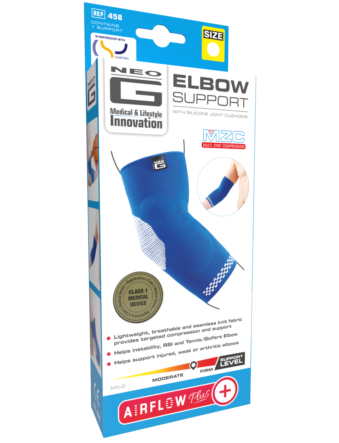 Neo G Airflow Plus Elbow Support with Silicone Joint Cushions box