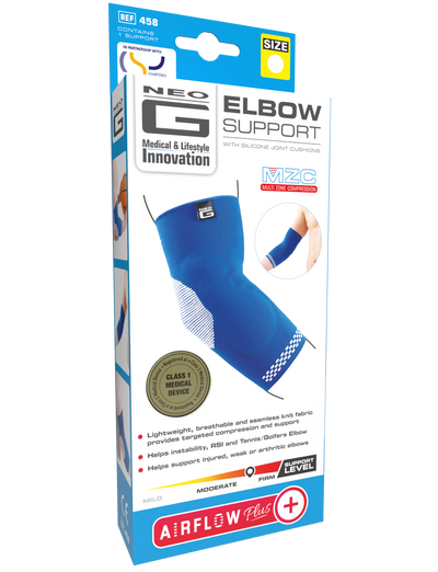 Neo G Airflow Plus Elbow Support with Silicone Joint Cushions box