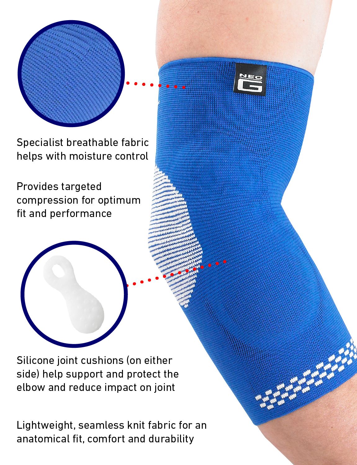 Neo G Airflow Plus Elbow Support with Silicone Joint Cushions on arm, highlighting breathable fabric, targeted compression, cushion, and lightweight fabric