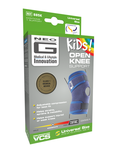 Child wearing Neo G Kids Open Knee Support box