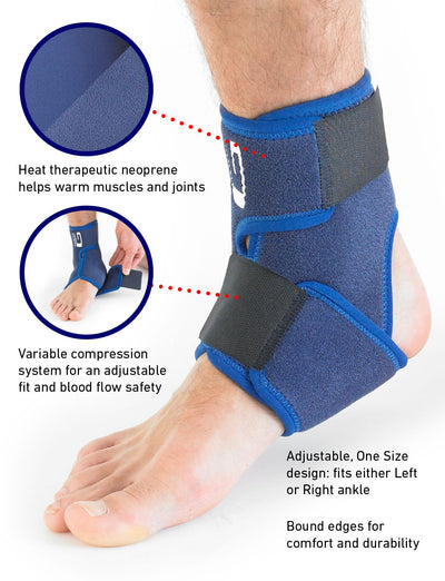 Foot wearing Neo G Ankle Support, highlighting heat therapeutic neoprene, variable compression, adjustability, and bound edges