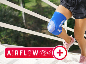 Airflow Plus logo and woman wearing Neo G Airflow Plus Stabilized Knee Support with Silicone Patella Cushion, running up stairs