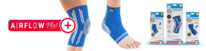 Airflow Plus logo, leg wearing Neo G Airflow Plus Stabilized Knee Support with Silicone Patella Cushion, foot wearing Neo G Airflow Plus Ankle Support with Silicone Joint Cushions, and line of boxes with products from the range